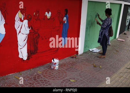 Dhaka, Bangladesh. 20th Feb, 2019. An artist paint on a street wall near central Shaheed Miner as part of preparation to celebrate International Mother Language Day on 21st February. Credit: MD Mehedi Hasan/ZUMA Wire/Alamy Live News Stock Photo