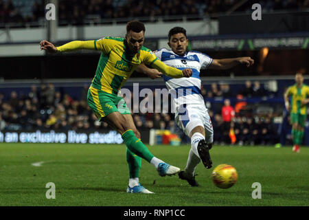 London, UK. 19th Feb, 2019. Jacob Murphy of West Bromwich Albion (L) takes a shot at goal. EFL Skybet championship match, Queens Park Rangers v West Bromwich Albion at Loftus Road Stadium in London on Tuesday 19th February 2019.  this image may only be used for Editorial purposes. Editorial use only, license required for commercial use. No use in betting, games or a single club/league/player publications. pic by Steffan Bowen/Andrew Orchard sports photography/Alamy Live news Credit: Andrew Orchard sports photography/Alamy Live News Stock Photo