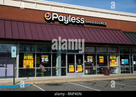 Fredericksburg, USA. 19th Feb, 2019. A logo sign and 'Store Closing' signs outside of a Payless Shoes retail store in Fredericksburg, Virginia on February 19, 2019. The retailer, facing its second bankruptcy since 2017, announced that it will be closing all of its North American stores. Credit: Kristoffer Tripplaar/Alamy Live News Stock Photo