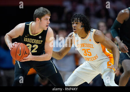 February 19, 2019: Yves Pons #35 of the Tennessee Volunteers defends against Matt Ryan #32 of the Vanderbilt Commodores during the NCAA basketball game between the University of Tennessee Volunteers and the Vanderbilt University Commodores at Thompson Boling Arena in Knoxville TN Tim Gangloff/CSM Stock Photo