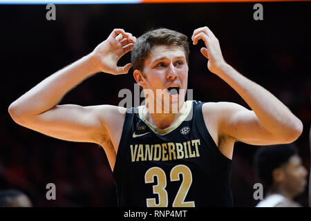 February 19, 2019: Matt Ryan #32 of the Vanderbilt Commodores reacts to a foul call during the NCAA basketball game between the University of Tennessee Volunteers and the Vanderbilt University Commodores at Thompson Boling Arena in Knoxville TN Tim Gangloff/CSM Stock Photo