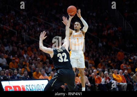 February 19, 2019: Lamonte Turner #1 of the Tennessee Volunteers shoots the ball over Matt Ryan #32 of the Vanderbilt Commodores during the NCAA basketball game between the University of Tennessee Volunteers and the Vanderbilt University Commodores at Thompson Boling Arena in Knoxville TN Tim Gangloff/CSM Stock Photo