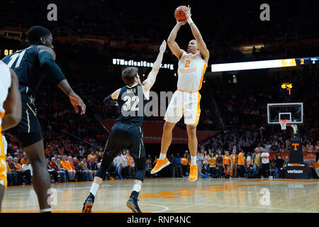 February 19, 2019: Grant Williams #2 of the Tennessee Volunteers shoots the ball over Matt Ryan #32 of the Vanderbilt Commodores during the NCAA basketball game between the University of Tennessee Volunteers and the Vanderbilt University Commodores at Thompson Boling Arena in Knoxville TN Tim Gangloff/CSM Stock Photo