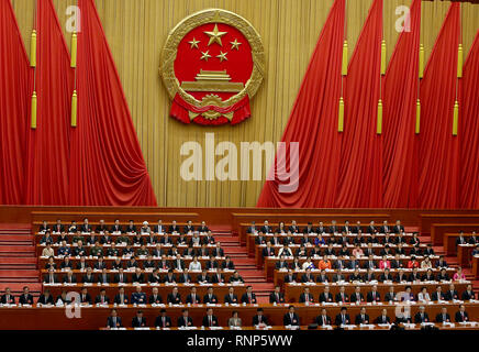 Beijing, China. 20th Mar, 2018. Chinese President Xi Jinping, Premier Li Keqiang and China's top government leaders attend the closing session of the National People's Congress (NPC) in the Great Hall of the People in Beijing on March 20, 2018. Xi delivered a fervently nationalistic speech to the congress, painting China as the rising global power. Credit: Todd Lee/ZUMA Wire/ZUMAPRESS.com/Alamy Live News Stock Photo