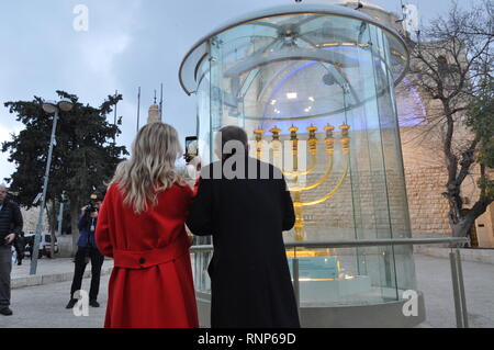 Jeruzalem, Israel. 19th Feb, 2019. Czech Prime Minister Andrej Babis (right) with his wife Monika Babisova looking at the Golden Menorah in Jerusalem, Israel, on February 19, 2019, during his visit of Israel. Credit: Eliska Naegele/CTK Photo/Alamy Live News Stock Photo