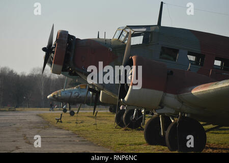 February 19, 2019 - Krakow, Malopolski Province, Poland - A view of the Junkers Ju 52/3m, a German transport aircraft manufactured from 1931 to 1952 at the Polish Aviation Museum..The Polish Aviation Museum is located at the site of the former Krakow-Rakowice-Czyzyny Airport, established in 1912, one of the oldest in the world. The Museum collection consists of over 200 aircraft, dating WW1, WW2 and a collection of all airplane types developed or used by Poland after 1945. (Credit Image: © Cezary Kowalski/SOPA Images via ZUMA Wire) Stock Photo