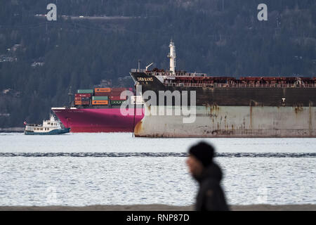 February 7, 2019 - Vancouver, British Columbia, Canada - Cargo ships anchored in the Port of Vancouver's outer harbor. (Credit Image: © Bayne Stanley/ZUMA Wire) Stock Photo