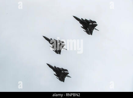 Three RAF Tornados fly past the Tornado train near Leeming Bar in Yorkshire during their farewell tour. Stock Photo