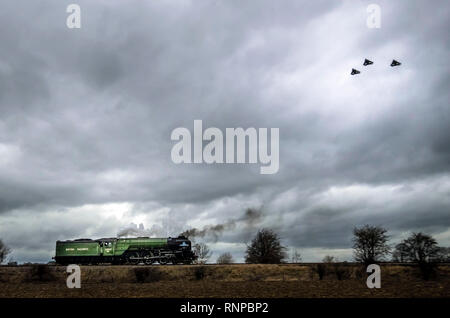 Three RAF Tornados fly past the Tornado train near Leeming Bar in Yorkshire during their farewell tour. Stock Photo