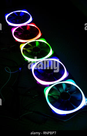 Computer fans with multicolored colored lights Stock Photo