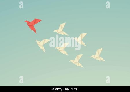 vector business finance leadership concept with origami red paper bird leading among white. Symbol leadership, strategy, mission, objectives Stock Vector