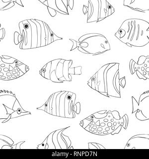 Tropical fish black on white seamless vector pattern. Swimming Butterflyfish, Clown Triggerfish, Damsel, Anemonefish, Angelfish, Clownfish background. Hand drawn marine underwater doodle backdrop. Stock Vector