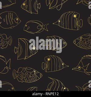 Gold foil Tropical fish on black seamless vector pattern. Swimming Butterflyfish, Clown Triggerfish, Damsel, Anemonefish, Angelfish, Clownfish background. Hand drawn marine underwater doodle backdrop. Stock Vector