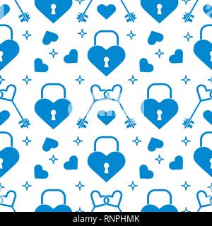 Seamless pattern with hearts, lock, keys in heart shape. Greeting card happy Valentine's Day. Romantic background. Design for banner, poster or print. Stock Vector