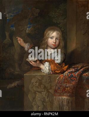 Caspar Netscher - A boy blowing soap bubbles. Stock Photo
