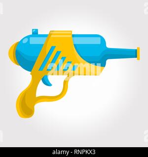 Blue and yellow toy cosmic water gun on a white background. Stock Vector