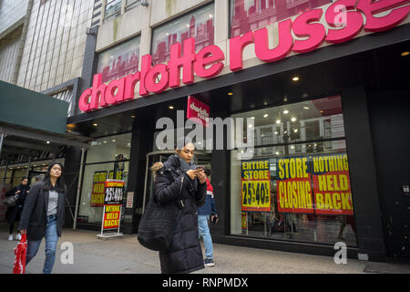 The Charlotte Russe store in Herald Square in New York on Friday, February 15, 2019 displays signs informing shoppers of the discounted merchandise lying within. The chain, which appeals to a younger demographic, filed for chapter 11 bankruptcy protection and is shuttering approximately 94 stores. (Â© Richard B. Levine) Stock Photo
