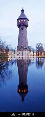 Water tower with water reflection, Heide in Holstein, Schleswig-Holstein, Germany