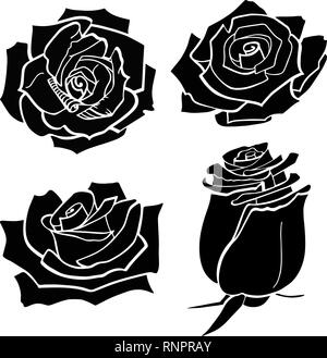 Set of four vector black silhouettes of rose flowers isolated on a white background. Vector illustration EPS 10 file Stock Vector