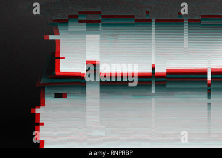 Education and reading concept. Pile of of books full of mysteries, stories and plots - image with glitch effect Stock Photo