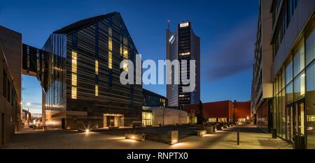 University campus with Paulinum, Augusteum and City high-rise, night view, Leipzig, Saxony, Germany