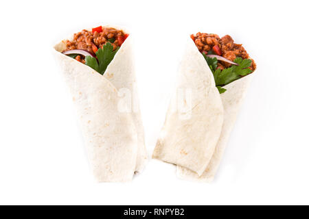 Typical Mexican burritos wraps with beef, frijoles and vegetables isolated on white background. Top view Stock Photo