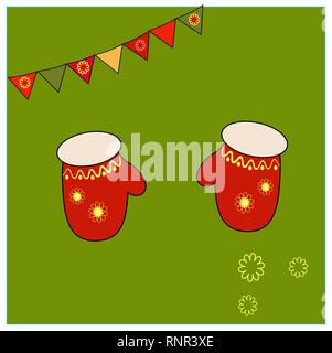 Red mittens with floral yellow ornament. Elements of warm clothing. Accessories Folk costume. Educational cards or greeting cards Stock Vector