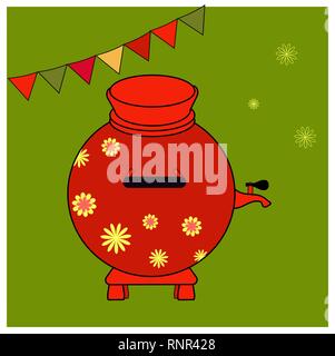 Red Samovar with yellow floral ornament. Educational cards or greeting cards. fair attributes Vector illustration Stock Vector