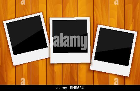 Photo frames on wood background Stock Vector