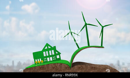 Green house, green energy and circular economy concept, green house and wind turbines on grass soil in book shape with sunflowers, on sunny clouds sky Stock Photo