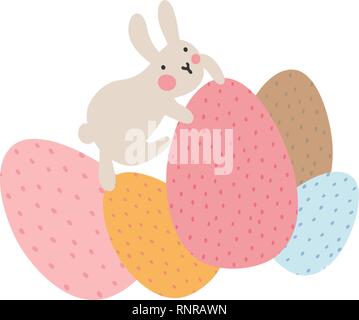 Adventures of Easter bunnies, who are looking for and hiding holiday eggs. Easter design elements in minimalistic vector style. Illustrations for kids Stock Vector