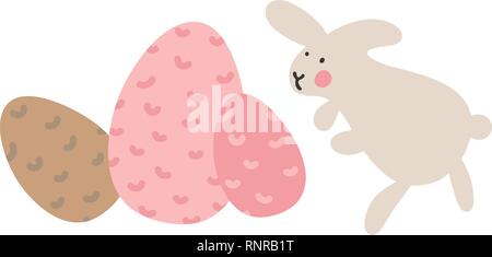 Adventures of Easter bunnies, who are looking for and hiding holiday eggs. Easter design elements in minimalistic vector style. Illustrations for kids Stock Vector