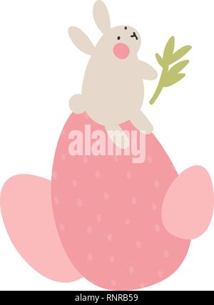 Adventures of Easter bunnies, who are looking for and hiding holiday eggs. Easter design elements in minimalistic vector style. Illustrations for kids Stock Vector