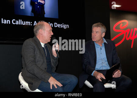 Ian Callum discusses his illustrious design career with guest host,Tiff Needell, at the Supagard Theatre, during the 2019 London Classic Car Show Stock Photo