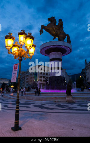 Macedonia Square with Statue of the warrior on a horse, Skopje, Macedonia Stock Photo