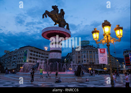 Macedonia Square with Statue of the warrior on a horse, Skopje, Macedonia Stock Photo