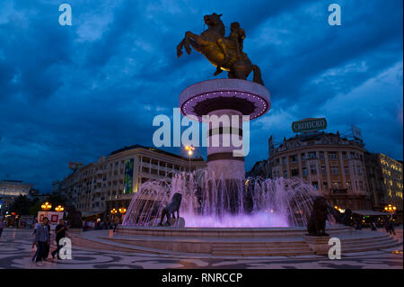 Macedonia Square with Statue of the warrior on a horse, Skopje, Macedonia Stock Photo