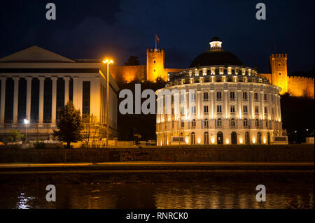 Government buiding on Vardar River in front of Skopje Fortress, Skopje, Macedonia Stock Photo