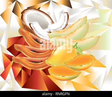 Exotic tropical fruits on cubism background Stock Vector