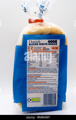 Largs, Scotland, UK - February 19, 2019: Warburtons branded bread in recyclable plastic packaging with health, nutritional and recycling information. Stock Photo