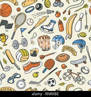 Sport Seamless pattern. Icons doodle style. Equipment for fitness and training. Symbols of health and activity. Tennis and football, basketball. Games Stock Vector