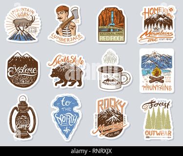 Camping logo and labels. Mountains and lumberjack, brown bear, mountain goat, pine trees. Trip in the forest, outdoor, adventure is waiting. Colored b Stock Vector