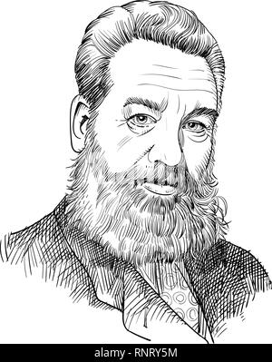 Alexander Graham Bell caricature in line art on an antique phone receiver. Stock Vector