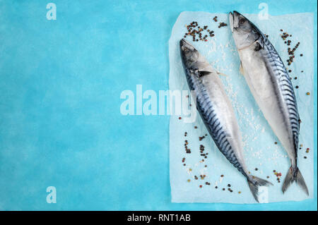 Creative layout made of fresh uncooked mackerel with condiments on a parchment paper. Mediterranean seafood concept.Copy space,horizontal orientation. Stock Photo