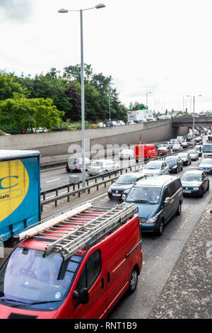 A traffic jam on the North Circular road near the A10 Great Cambridge Road roundabout, London, UK Stock Photo