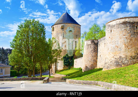 Prince of Wales tower in a small town Thouars, France. High tower with blue roof. Warm spring morning, vibrant blue sky with clouds, lush greenery, ca Stock Photo
