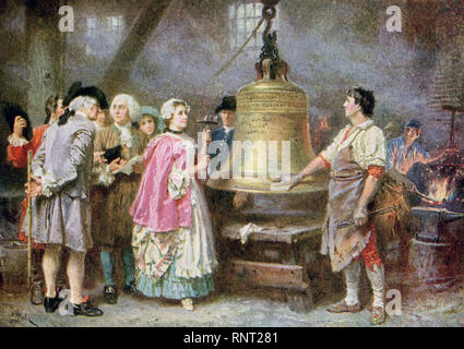 This illustration dates to 1922 and is titled Liberty Bell's First Note 1793. The artist is L J G Ferris American painter, who died in 1930. The Liberty Bell is a familiar symbol of freedom in the United States. It was ordered by the Pennsylvania Assembly in 1751 to commemorate the 50-year anniversary of William Penn's 1701 Charter of Privileges; it was to be installed in 1752 in the Pennsylvania State House, now known as Independence Hall. The bell was cast in London, England and then shipped to Pennsylvania. Soon after it arrived, the English bell cracked. In 1753, a new bell was cast from t Stock Photo