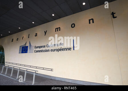 15.12.2018, Brussels, Brussels-Capital, Belgium - Entrance to the Berlaymont building, seat of the European Commission. The name of the building and t Stock Photo