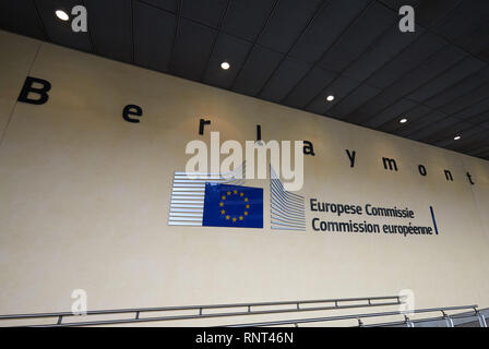 15.12.2018, Brussels, Brussels-Capital, Belgium - Entrance to the Berlaymont building, seat of the European Commission. The name of the building and t Stock Photo