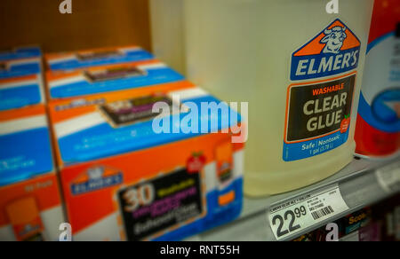 Bottles of Newell Brands' Elmer's School Glue are seen in the back to  school supplies in a store in New York on Saturday, August 17, 2019. (©  Richard B. Levine Stock Photo - Alamy